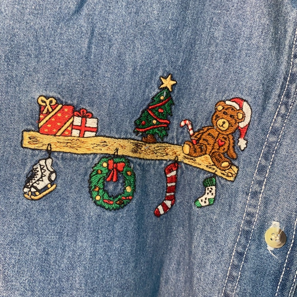 Women's Vintage Blue Denim Button Down Shirt with Holiday Embroidery - Picture 2 of 4